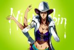  1girl arm black_hair blue_eyes breasts character_name cleavage color_background cowboy_hat eilinna fur_trim gradient_background hand_on_hip hat midriff nico_robin one_piece solo white_hat white_jacket 