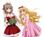  2girls absurdres amagi_brilliant_park blonde_hair blue_eyes blush breasts brown_eyes brown_hair christmas cleavage dress female gift highres large_breasts latifa_fleuranza long_hair multiple_girls open_mouth santa_costume sento_isuzu skirt smile standing thighs white_background yellow_eyes 