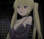  1girl bare_shoulders blonde_hair blush breasts cleavage elbow_gloves gloves lieselotte_sherlock long_hair open_mouth screencap solo tongue trinity_seven twintails very_long_hair violet_eyes 