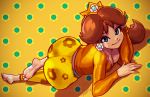  1girl ass barefoot blue_eyes breasts brown_hair casual cleavage crown downblouse earrings feet huge_ass jewelry long_hair lying super_mario_bros. nintendo on_stomach pants pantylines polka_dot polka_dot_background princess_daisy robert_porter signature soles solo super_mario_bros. super_mario_land toes wide_hips 