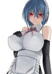  1girl aebafuti bare_shoulders blue_hair blush breasts elbow_gloves gloves huge_breasts looking_at_viewer maid maid_headdress red_eyes short_hair simple_background smile solo standing 