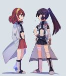  2girls aoki_shizumi bandage black_hair blue_eyes cross_ange fingerless_gloves gloves hairband hands_in_pockets injury jill_(cross_ange) maggy_(cross_ange) midriff multiple_girls navel ponytail redhead skirt standing violet_eyes 