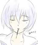  1girl ayanami_rei blue_hair closed_eyes neon_genesis_evangelion pocky pocky_day pocky_kiss red_eyes shared_food 