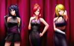  3girls ayase_eli black_gloves blonde_hair blue_hair bon_nob breasts closed_mouth dress elbow_gloves female gloves large_breasts lineup long_hair looking_at_viewer love_live!_school_idol_project multiple_girls nishikino_maki one_eye_closed skirt smile soldier_game sonoda_umi standing trio violet_eyes white_gloves wink 