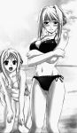  2girls age_difference bikini blonde_hair blush breasts casual_one-piece_swimsuit cleavage collarbone large_breasts maria_van_hossen monochrome multiple_girls navel one-piece_swimsuit open_mouth princess_lover ribbon siblings side-tie_bikini silvia_van_hossen sisters sky swimsuit 