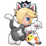  1girl animal_ears animal_tail bell blonde_hair blue_eyes blush cat_ears cat_paws cat_tail catsuit chiko_(mario) collar crown earrings eyelashes female ghost-pepper hair_over_one_eye jewelry lipstick looking_down makeup super_mario_bros. nintendo parted_lips paws rosetta_(mario) short_eyebrows simple_background star_earrings super_mario_3d_world super_mario_bros. super_mario_galaxy tail white_background wide_hips wink 