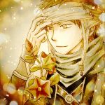 1boy akagami_no_shirayukihime black_hair bracer head_scarf infinity_scarf obi_(akagami_no_shirayukihime) plant scarf smile vest 