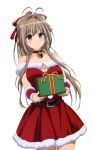  1girl amagi_brilliant_park blush breasts brown_eyes brown_hair christmas cleavage female gift large_breasts long_hair santa_costume sento_isuzu skirt standing thighs white_background yellow_eyes 