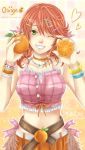  10s 1girl 2011 belt bracelet dated final_fantasy final_fantasy_xiii food fruit green_eyes jewelry looking_at_viewer midriff oerba_dia_vanille orange orange_hair slapmyface smile solo wink 