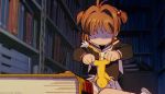  ._. 1girl 90s animated animated_gif basement book brown_hair card_captor_sakura indoors kerberos kinomoto_sakura library school_uniform stretch 