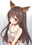 1girl animal_ears arched_back arms_at_sides aster_(granblue_fantasy) bare_shoulders breasts brown_eyes brown_hair collarbone dress erect_nipples erun_(granblue_fantasy) from_above granblue_fantasy hair_between_eyes highres long_hair looking_at_viewer no_bra no_underwear open_mouth piano-alice simple_background sleeveless sleeveless_dress small_breasts upper_body white_dress