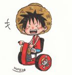  1boy black_hair chibi closed_eyes hat lowres monkey_d_luffy nanako_(skr7k) one_piece scar shorts sitting solo straw_hat traditional_media vehicle vest 