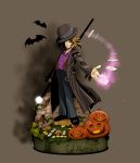  1boy bat bowler_hat brown_hair card gambit glowing halloween hat hat_over_one_eye jack-o&#039;-lantern male_focus marvel red_eyes solo staff stand trench_coat x-men 