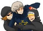  3boys angry earflap_hat earrings grabbing hat hat_over_eyes hat_pompom heart_pirates hug jewelry kaz_(mokemoke9) multiple_boys one_piece penguin_(one_piece) pirate shachi_(one_piece) smile sunglasses trafalgar_law trio 