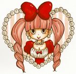  1girl bangs bow dress heart nanako_(skr7k) one_piece pearl perona pink_hair red_dress red_ribbon ribbon twintails 