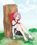  1girl backpack bag bare_shoulders cosplay detached_sleeves facial_mark forehead_mark fuu_(naruto) fuu_(naruto)_(cosplay) grass green_eyes haruno_sakura looking_at_viewer naruto naruto_shippuuden on_ground pink_hair shoes sitting sleeveless solo white_shoes 