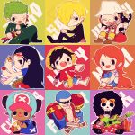  2girls 6+boys black_hair blonde_hair blue_hair brook character_name franky green_hair mino_cat monkey_d_luffy multiple_boys multiple_girls nami_(one_piece) nico_robin one_piece orange_hair roronoa_zoro sanji tony_tony_chopper usopp 