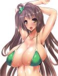  1girl armpits bikini blush bow breasts green_bikini grey_hair hair_bow huge_breasts looking_at_viewer love_live! love_live!_school_idol_project minami_kotori open_mouth poko_chin shiny shiny_skin simple_background smile solo swimsuit very_long_hair white_background 