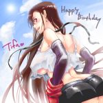  1girl ass back breasts brown_hair character_name earrings elbow_gloves erect_nipples final_fantasy final_fantasy_vii gloves happy_birthday huge_breasts jewelry long_hair red_eyes solo tifa_lockhart torimeiro under_boob very_long_hair 