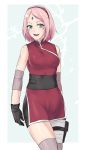  1girl bike_shorts black_gloves breasts eirerr facial_mark forehead_mark gloves green_eyes haruno_sakura naruto naruto:_the_last older pink_hair short_hair smile solo 