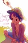  1boy 2boys birthday bracelet brothers denim denim_shorts flower hat indian_style jewelry long_sleeves male_focus mino_cat monkey_d_luffy multiple_boys one_piece open_clothes open_shirt portgas_d_ace red_shirt sandals scar shirt shorts siblings sitting solo solo_focus straw_hat time_paradox 