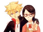  1boy 1girl ahoge black_hair blonde_hair glasses jewelry looking_at_viewer md5_mismatch naruto naruto:_the_last necklace poopyuu red-framed_glasses resized short_hair spiky_hair spoilers uchiha_sarada uzumaki_boruto v whiskers 