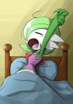 bed closed_eyes drooling gardevoir green_hair messy_hair nintendo no_humans open_mouth pokemon short_hair solo stretch yawning 