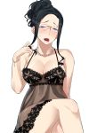  1girl bare_shoulders black_hair blush breasts cleavage doki_doki_yandemic glasses hair_bun jewelry kabushikigaisha_real large_breasts legs legs_crossed lingerie looking_at_viewer necklace open_mouth saliva simple_background sitting solo thighs underwear violet_eyes 