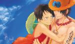  2boys beads brothers freckles hat jewelry male_focus monkey_d_luffy multiple_boys necklace one_piece portgas_d_ace siblings stampede_string straw_hat topless zoeysue 