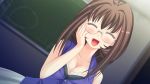  1girl artist_request blush brown_hair chalkboard classroom gakuen_houfuku_sensou game_cg glasses hand_on_own_face indoors smile solo 