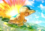  clouds commentary_request cyndaquil day fire from_below gen_2_pokemon grass kaosu_(kaosu0905) no_humans open_mouth outdoors pokemon pokemon_(creature) signature sky solo tongue 