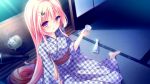  1girl barefoot blonde_hair blush bottle carrot_lu_angora cup game_cg hair_ornament japanese_clothes kanojo_ga_ore_ni_kureta_mono._ore_ga_kanojo_ni_ageru_mono. kimono long_hair onomatope open_mouth ornament shiratama very_long_hair violet_eyes 