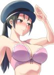  1girl black_eyes black_hair blush bra breasts cleavage collarbone doki_doki_yandemic embarrassed hat kabushikigaisha_real large_breasts long_hair looking_away ponytail salute simple_background solo underwear 