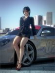  1girl 3d breasts brown_eyes building car formal ground_vehicle highres incise_soul large_breasts looking_at_viewer motor_vehicle nagase_reiko namco porsche ridge_racer shoes skyline suit tire 