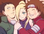  1girl 2boys akimichi_chouji black_hair blonde_hair brown_hair earrings grin hair_over_one_eye jewelry long_hair looking_at_viewer multiple_boys nara_shikamaru naruto ponytail smile teramoto_kei yamanaka_ino 