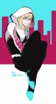  1girl blonde_hair blue_eyes bodysuit gwen_stacy hood hoodie marvel sitting solo spider-man_(series) spider-woman tetu 