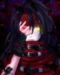  1boy black_hair fang final_fantasy final_fantasy_vii fingerless_gloves gloves glowing glowing_eyes long_hair looking_at_viewer male_focus solo vincent_valentine yusoson 