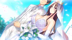  1boy 1girl ane_yome_quartet ayase_hazuki bare_shoulders blush breasts bridal_veil bride brown_hair cleavage clouds crown dress elbow_gloves flower game_cg gloves hanabishi_yurina hisashi_(nekoman) huge_breasts long_hair looking_away petals pink_eyes sky smile standing veil wedding_dress 