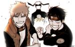  3boys back bleach crossover farewell forehead_protector gaetshang kurosaki_ichigo male_focus monkey_d_luffy monochrome multiple_boys naruto one_piece spiky_hair translation_request uzumaki_naruto 