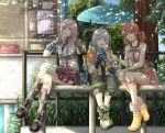  1boy 2girls blue_eyes final_fantasy final_fantasy_xiii fingerless_gloves gloves green_eyes hope_estheim lightning_farron multiple_girls oerba_dia_vanille pink_hair sitting slapmyface tongue white_hair 