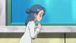  10s 1girl animated animated_gif blue_eyes blue_hair blush eclair_(pokemon) labcoat lowres pokemon pokemon_(anime) pokemon_(game) pokemon_xy solo 