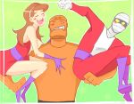  1girl 2boys bandage belt blush blush_stickers bodysuit boots brown_hair carrying cliff_steele cyborg dc_comics doom_patrol dress earrings elastigirl gloves hairband jewelry multiple_boys negative_man open_mouth purple_shoes red_dress rita_farr shoes simple_background smile trio 