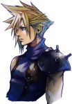  1boy blonde_hair blue_eyes cloud_strife final_fantasy final_fantasy_vii final_fantasy_vii_g-bike looking_to_the_side male_focus nomura_tetsuya official_art shoulder_armor simple_background sleeveless solo spiky_hair square_enix turtleneck upper_body white_background 