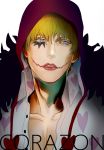  1boy blonde_hair blue_eyes character_name donquixote_rocinante earflap_hat facial_mark hat heart_print limine lipstick makeup male_focus one_piece open_collar parted_lips solo 