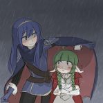  2girls ahoge blue_hair braid cape crossed_arms fire_emblem fire_emblem:_kakusei fire_emblem_13 fire_emblem_awakening fire_emblem_heroes green_hair human intelligent_systems loli lucina lucina_(fire_emblem) manakete multiple_girls nintendo nn_(fire_emblem) pog pointy_ears rain shoulder_pads smile strap young_adult 