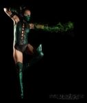  1girl adam_jay black_background cosplay hair_bun half_mask jade_(mortal_kombat) leotard mortal_kombat photo solo soni_balesta thigh-highs 