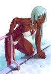  1girl abs artist_request bikini blue_hair breasts cleavage dark_skin green_eyes large_breasts lips long_hair looking_at_viewer muscle swimsuit toned wet 