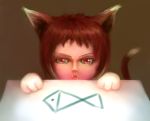  1girl angry cat_ears fish ikelag looking_at_viewer open_mouth red_eyes redhead simple_background solo tail 