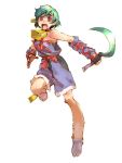  1girl bell cow_bell cow_girl danette full_body green_hair hooves horns looking_at_viewer monster_girl official_art open_mouth pointy_ears short_hair sickle simple_background solo soul_cradle violet_eyes weapon white_background 
