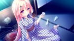  1girl barefoot blonde_hair blush bottle carrot_lu_angora cup game_cg hair_ornament japanese_clothes kanojo_ga_ore_ni_kureta_mono._ore_ga_kanojo_ni_ageru_mono. kimono long_hair onomatope ornament shiratama smile very_long_hair violet_eyes 